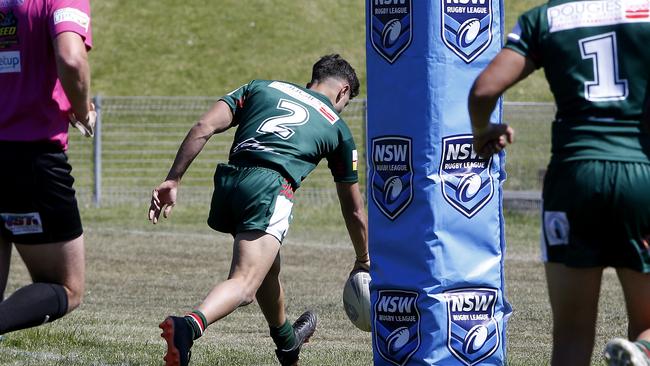 Matthew Mourud from Lebanon puts it down for a try. Under 18 Boys Lebanon v Africa United. Harmony Nines Rugby League. Picture: John Appleyard