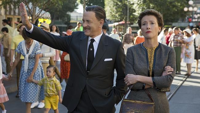 Tom Hanks as Walt Disney, left, and Emma Thompson as author P.L. Travers in a scene from "Saving Mr. Banks." 