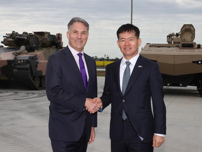 Deputy prime minister and minister for defence Richard Marles, and  Korean Minister of the Defense Acquisition Program Administration Jinggun Seok at the Hanwha official opening at Avalon. Picture: Alison Wynd