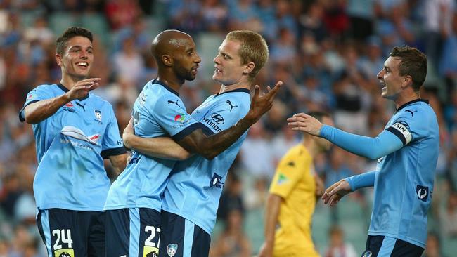 Mickael Tavares of Sydney FC celebrates.