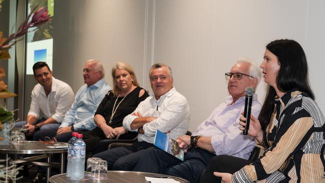 A panel discussion at Thursday’s launch from left AEC Group’s Jonathan Pavetto, economist David Malone, NT Chamber of Commerce chairman Natasha Griggs, foundation head of Darwin Major Business Group Ian Kew, Lord Mayor Kon Vatskalis and Casuarina Square owner Sentinel’s Polly Lamond. Courtesy Darwin Major Business Group.