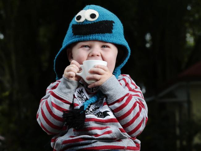 Mackay visitor Angus McGowan 2 1/2 warms up with his first ever babycino at Montville on the first day of winter. Photo Lachie Milllard Contact mum Belinda McGowan 0427936377