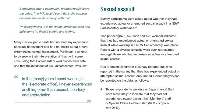 Five people who responded to the survey said they had experienced actual or attempted sexual assault.