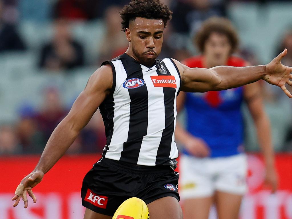 Isaac Quaynor of the Magpies kicks the ball during the 2022 AFL Round 13 match between the Collingwood and Melbourne. Picture: Michael Willson/AFL Photos via Getty Images