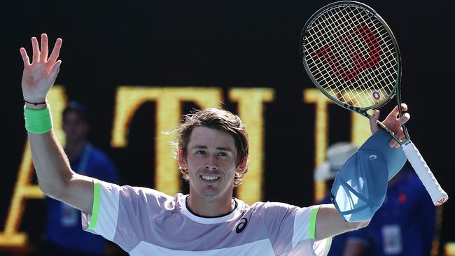 Alex de Minaur defeated Benjamin Bonzi on Rod Laver Arena on Saturday, 7-6 6-2 6-1. Picture: Michael Klein