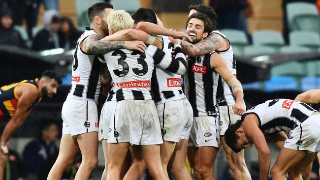 Collingwood celebrated another tight win on the weekend. Picture: Getty Images