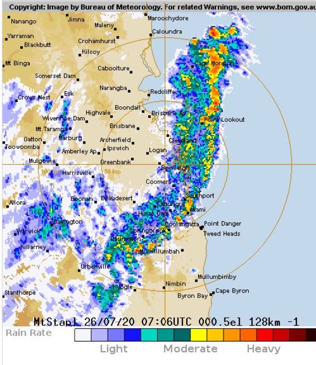 The radar showed the band of wild weather heading off the southeast Queensland coast about 5.15pm. Picture: Bureau of Meteorology