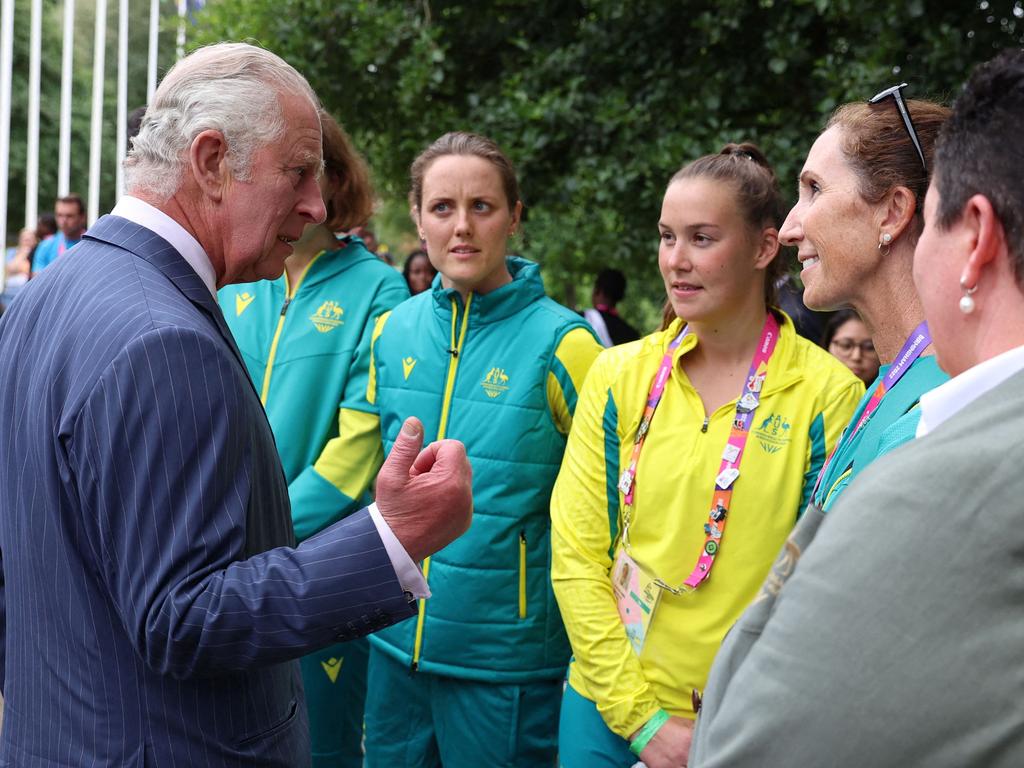 Prince Charles with athletes with members of the Australian team during a visit to the Athletes’ Village at The University of Birmingham. Picture: Phil Noble/AFP