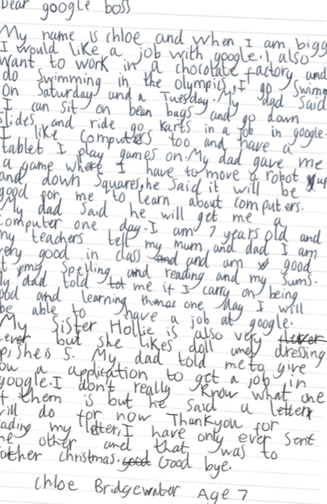 7 year old Chloe Bridgewater wrote a letter to Google and got a response from their CEP. Picture: Supplied