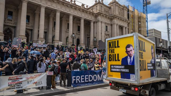 Protesters gather on the steps of Victorian parliament on Tuesday. Picture: Jason Edwards