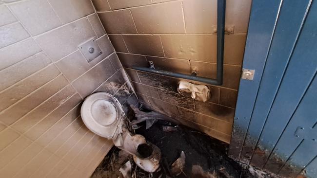 The toilet block at Mount View Park was left unusable after vandals destroyed the toilets and lit a fire inside the structure. Picture: Supplied