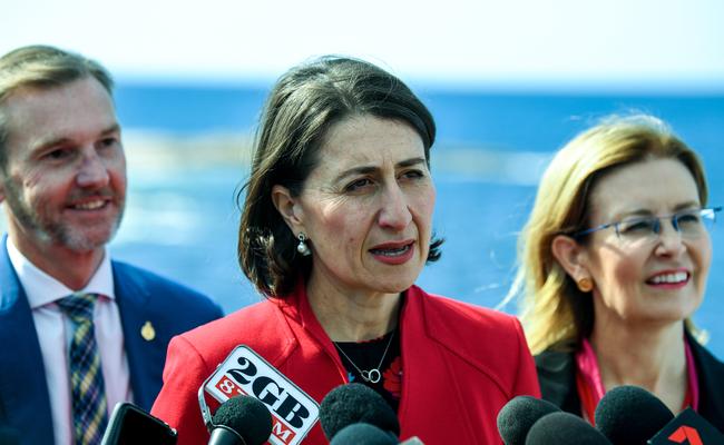 NSW Premier Gladys Berejiklian addresses the media with NSW Minister for the Environment Gabrielle Upton, and member for Coogee Bruce Notley-Smith, announcing the plan at Clovelly Beach.