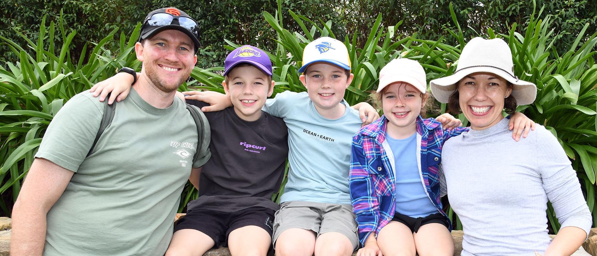 Chris Stewart with his children, Fletcher, Finn and Frankie and his wife, Shannon Stewart. Meatstock Festival, Toowoomba showgrounds. April 2022