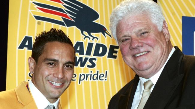 Adelaide Crows chairman Bill Sanders, right, with Andrew McLeod after he won the 2007 Crows Club Champion award.