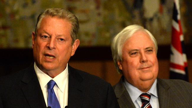 Axing the carbon tax ... Palmer United Party leader Clive Palmer and former US Vice President Al Gore at Parliament House in Canberra. Picture: Alan Porritt