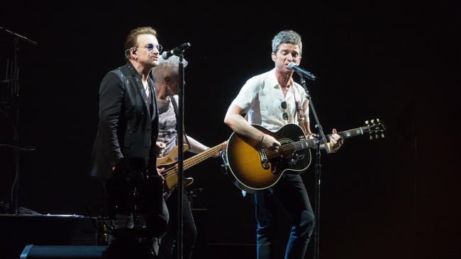 Gallagher with U2 frontman Bono at Twickenham in London, 2017. Picture: Splash News
