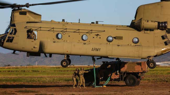 A Hawkei armoured vehicle was being winched by a CH-47 Chinook helicopter at RAAF Base Townsville, when pilots were forced to drop it on November 4, 2019.