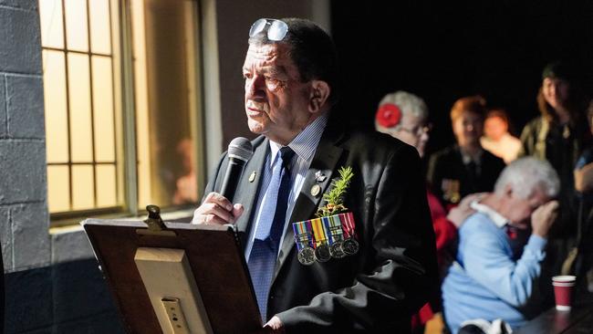 Vietnam War veteran Tom Andrews, who served with the Royal Australian Navy, leading the Dawn Service at Half Tide Beach on Anzac Day, 2021. Picture: Heidi Petith