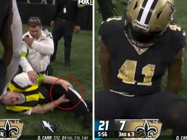 Alvin Kamara accidentally broke a sideline worker's leg. Pic: Fox NFL