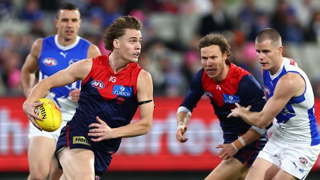 MELBOURNE, AUSTRALIA - JUNE 22:  Trent Rivers of the Demons kicks during the round 15 AFL match between Melbourne Demons and North Melbourne Kangaroos at Melbourne Cricket Ground, on June 22, 2024, in Melbourne, Australia. (Photo by Quinn Rooney/Getty Images)