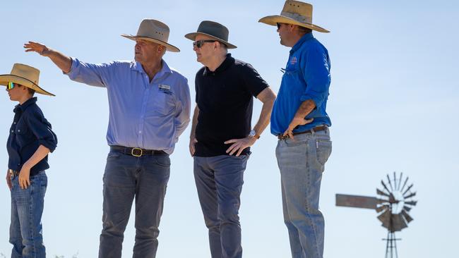 Australian Prime Minister Anthony Albanese on the campaign trail in electorate of Maranoa Prime Minister with the Minister for Emergency Management, Senator Jenny McAllister Mayor of Longreach Cr Tony Rayner and the Mayor of Winton Cr Cathy White. Picture: Jason Edwards