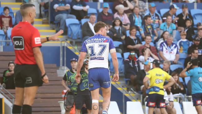 Dylan Napa is sent to the bin. Picture: Jason O’Brien/NRL Photos