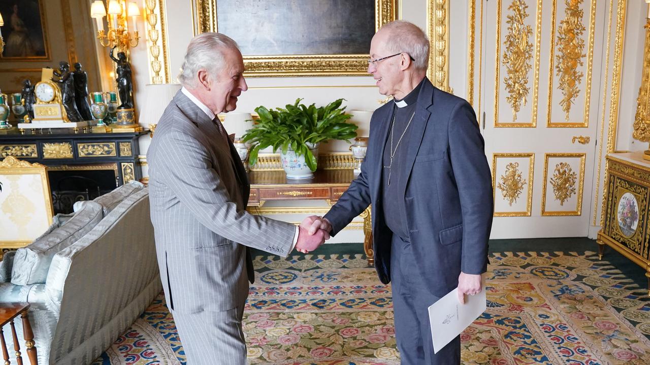 King Charles III meets with the Archbishop of Canterbury Justin Welby ahead of his coronation ceremony. Picture: Jonathan Brady / Pool / AFP