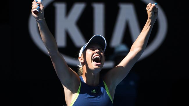 Caroline Wozniacki is jubilant after winning her semi-final. Picture: AFP