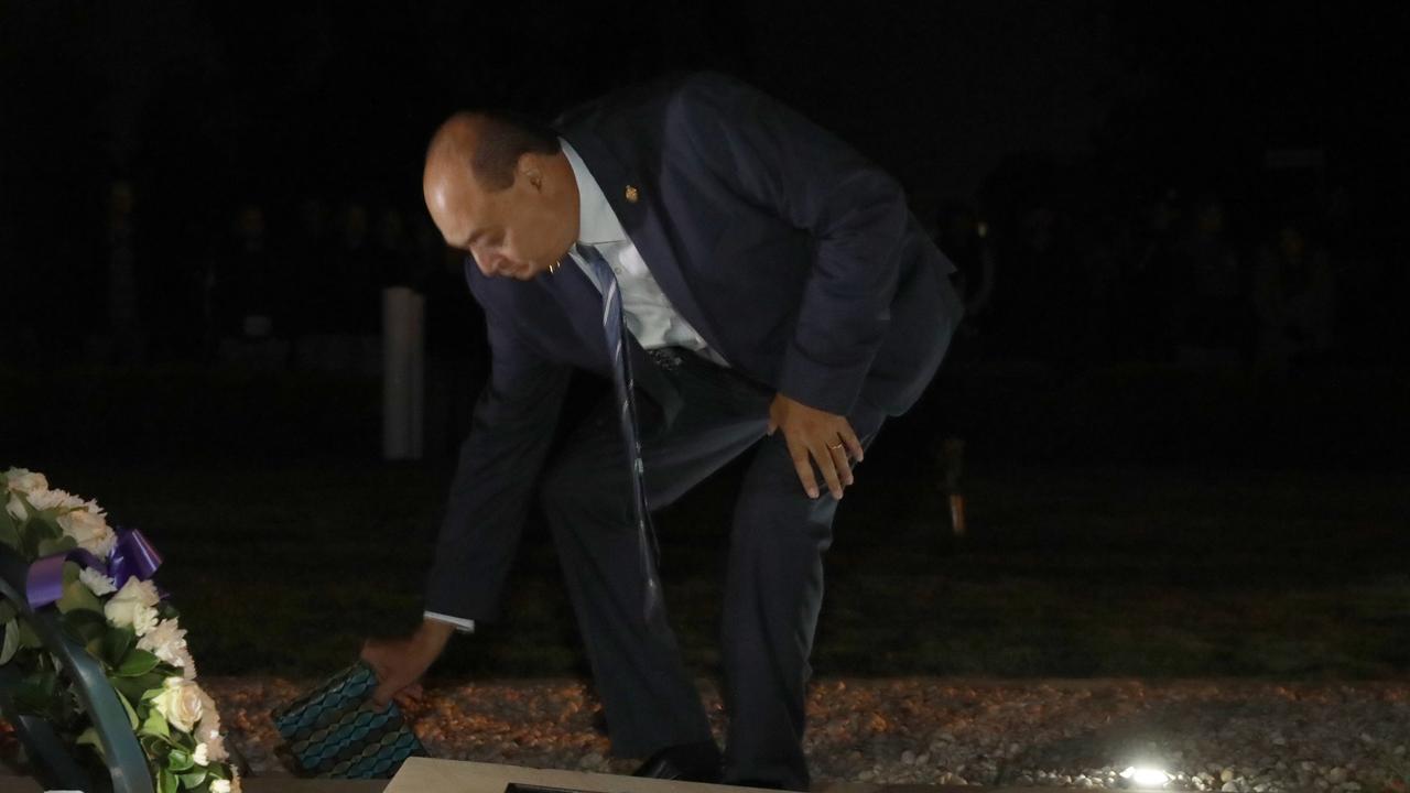 Mt Druitt state Labor MP Edmond Atalla lays a wreath for the Anzac Day dawn service at Pinegrove Memorial Park in Minchinbury. Picture: Angelo Velardo