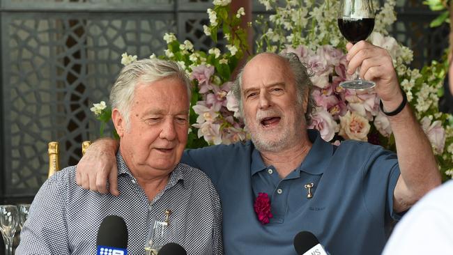 Owners Gerry Ryan and Michael Gudinski celebrate their Melbourne Cup win. Picture: Josie Hayden