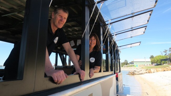 Chris and Linda Hank with their new 'pimped up' oyster punt in Coffin Bay. Picture: Emily Jarvis