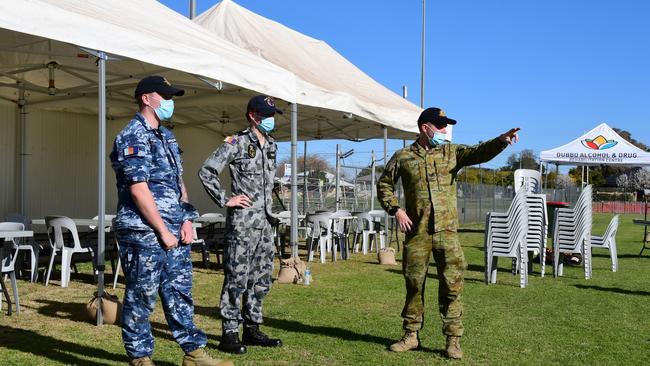 Australian Defence Force personnel prepare for the opening of a mass vaccination centre in Dubbo on Saturday. Picture: Belinda Soole/Getty