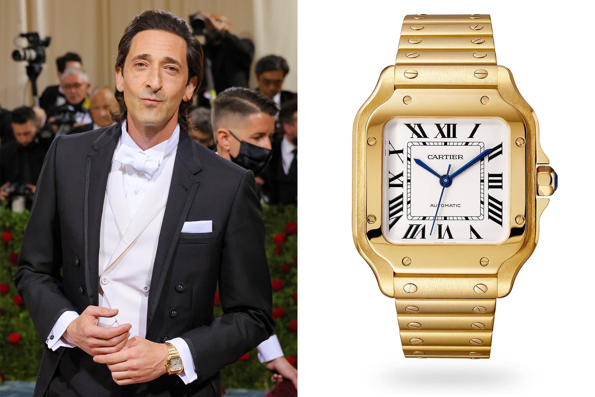 <p><em>Image credits: Getty Images, Cartier</em></p><p>&nbsp;</p><h3>Adrian Brody, 2022</h3><p>&nbsp;</p><p>Wearing: Cartier Santos</p><p>&nbsp;</p><p>If you&rsquo;re going down the path of owning a do-all watch, the Cartier Santos is one of the best choices. Now, you don&rsquo;t need an all-gold one like Brody, but look how good this looks with his tux? Making an all-gold watch that doesn&rsquo;t come off <em>too</em> flashy? Exceptional.</p>