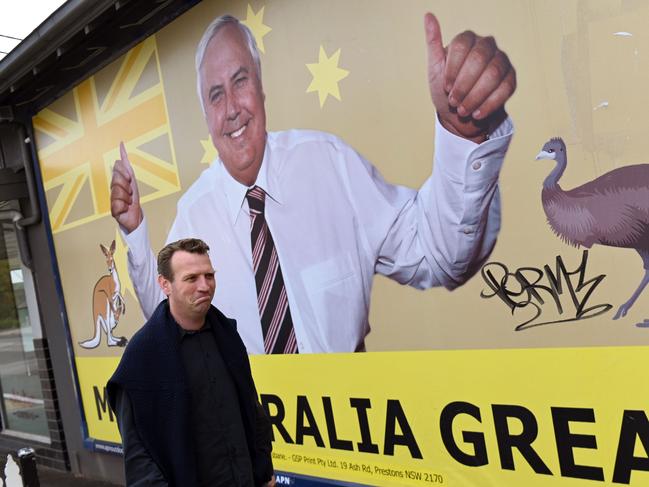 A billboard of United Australia Party leader Clive Palmer in Melbourne. Picture: William West/AFP