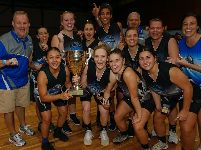 Lightning players celebrate after downing Tracy Village Jets in the 2020 Women's Darwin Basketball Final. Picture: Glenn Campbell