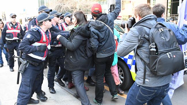 Protesters outside Melbourne Magistrates’ Court last month. Picture AAP