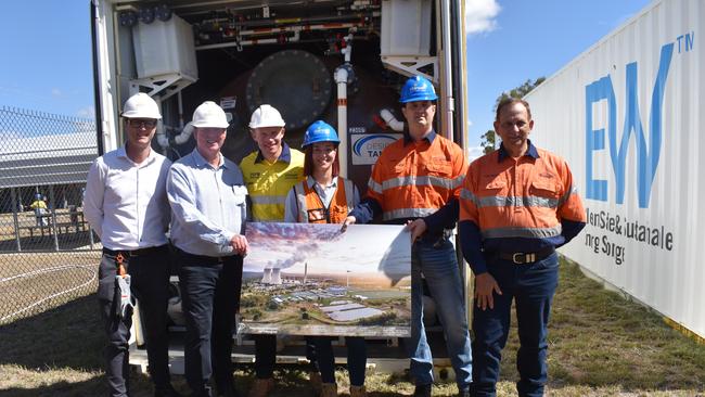 Energy minister Mick de Brenni with Keppel MP Brittany Lauga, Rockhampton MP Barry O'Rourke with Stanwell employees at the iron flow battery storage at Stanwell Power Station.