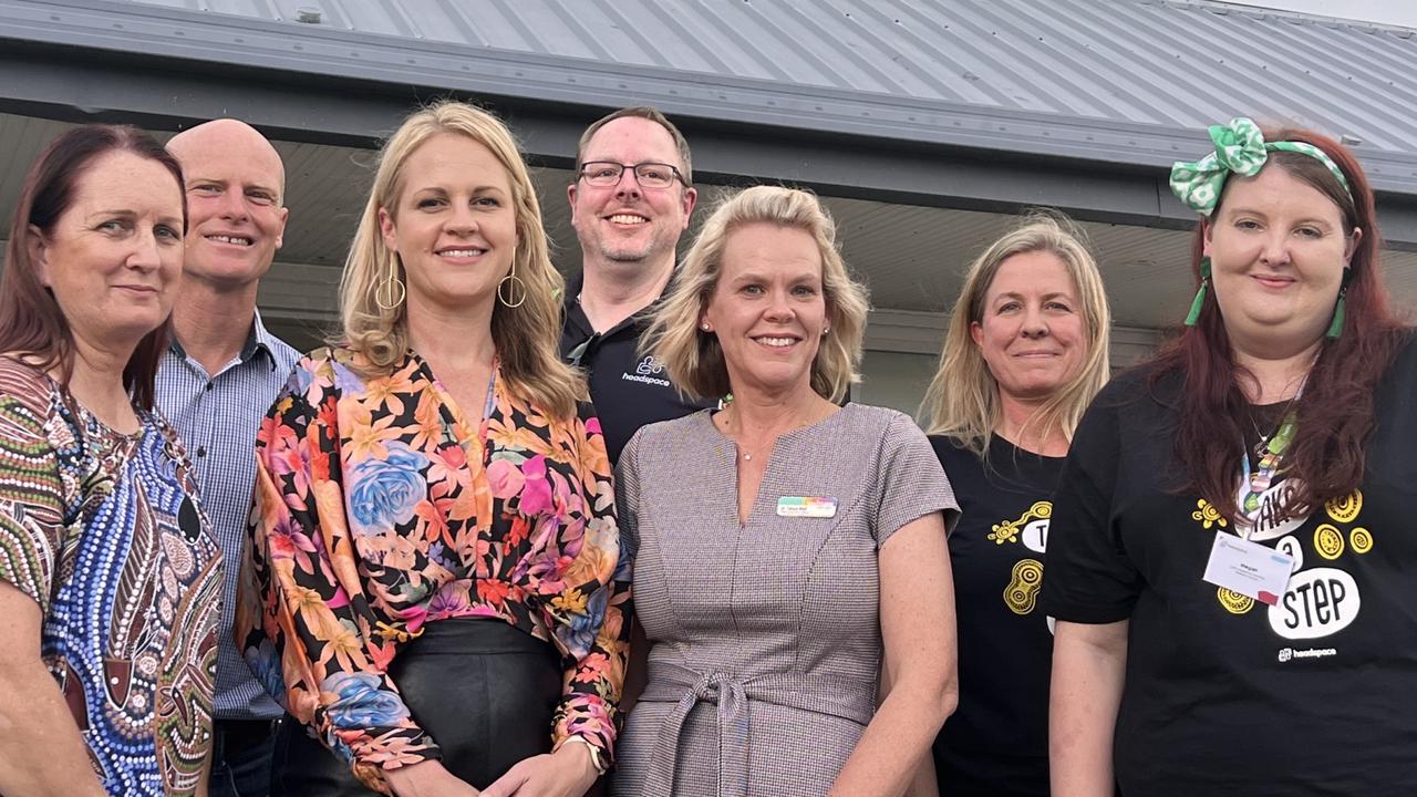 (From left) Aunty Christine Stuart (elder), Mayor Glen Hartwig, Amanda Lenwright, Tim Lambert, Dr Tanya Bell, Heidi Walsh, and, Megan (no last name given) celebrate the grand opening of Headspace’s new Gympie centre at Duke St on the night of Thursday, April 27.