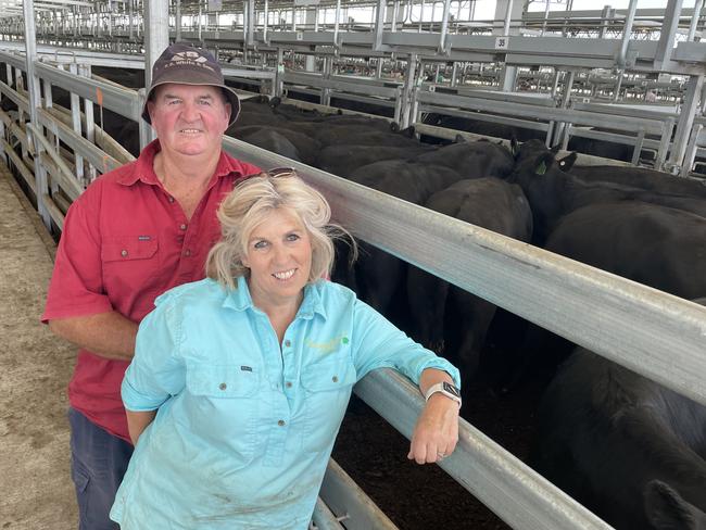 Marty and Lou Gleeson from Carrahil at Clarendon sold a line of 69 Angus weaner steers to a top of $2000 at the Ballarat grown and weaner steer sale. Picture: Petra Oates