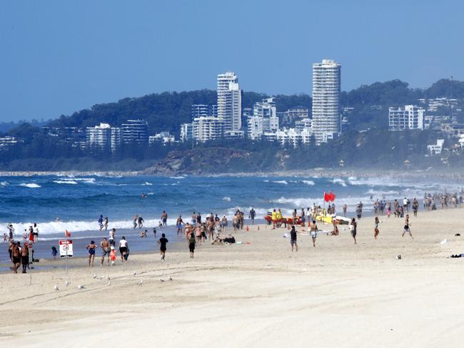 Crowds on the beach seen from Surfers Paradise on Easter Monday. Picture: Tertius Pickard