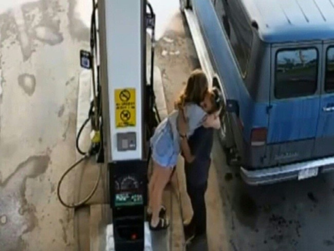 The last footage of Chynna Deese and Lucas Fowler caught on CCTV when they stopped to fill up their car in Fort Nelson, British Columbia. Picture: AFP