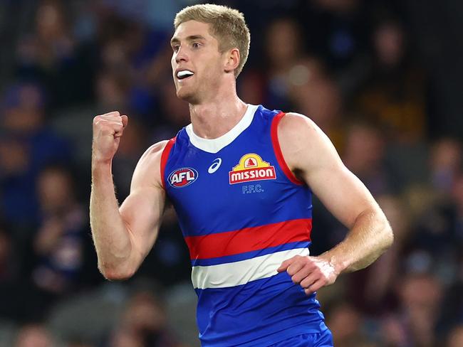 MELBOURNE, AUSTRALIA - MAY 05: Tim English of the Bulldogs celebrates kicking a goal during the round eight AFL match between Western Bulldogs and Hawthorn Hawks at Marvel Stadium, on May 05, 2024, in Melbourne, Australia. (Photo by Quinn Rooney/Getty Images)