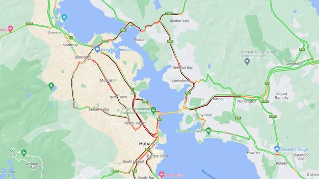 Traffic gridlocked around Hobart following a truck rollover on the Tasman Bridge. Picture: Google maps