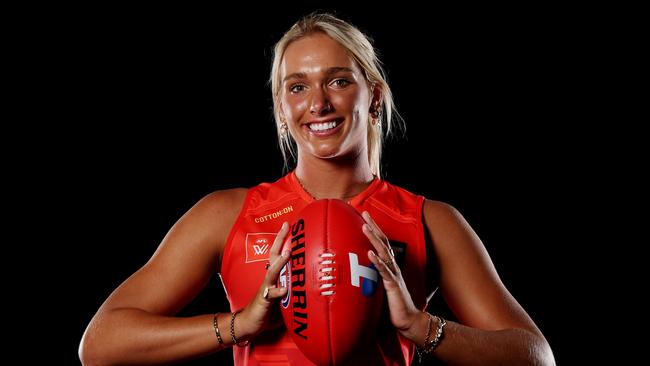 Havana Harris of the Suns poses during the 2024 Telstra AFLW Draft at Marvel Stadium on December 16, 2024 in Melbourne, Australia. (Photo by Morgan Hancock/AFL Photos/Getty Images)