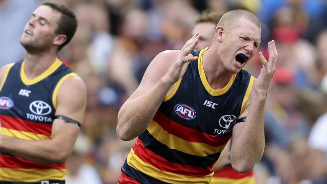 Sam Jacobs reacts after missing a goal against Hawthorn in Round 1. Picture: Sarah Reed