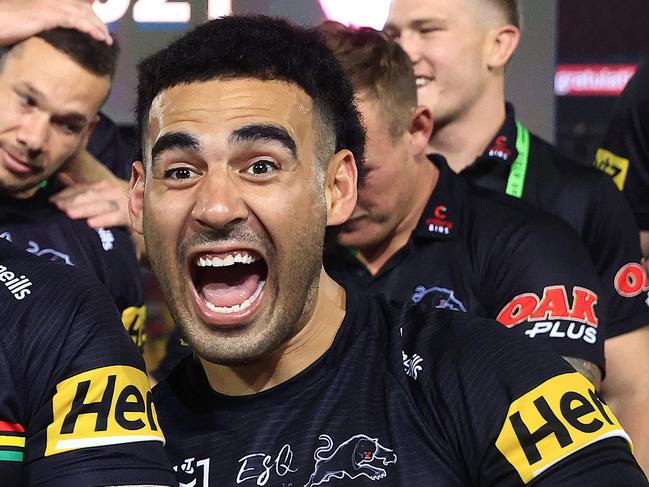 Nathan Cleary, Isaah Yeo and Tyrone May and the Panthers celebrate winning the 2021 NRL Grand Final between the Penrith Panthers and Souths Sydney Rabbitohs at Suncorp Stadium in Brisbane. Pics Adam Head