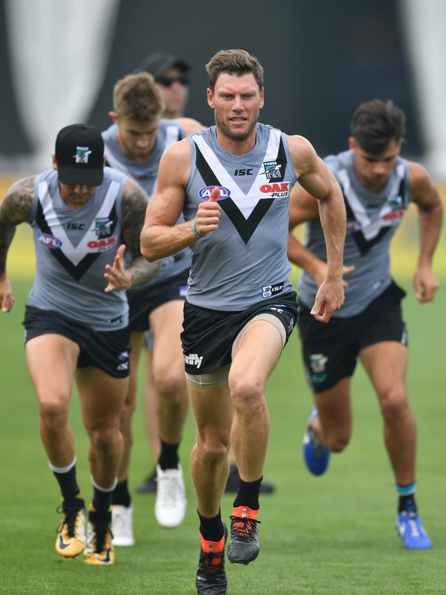 Brad Ebert during the Power’s light training session at the Adelaide Arena at Jiangwan Stadium in Shanghai, China on Friday. Picture: AAP Image/David Mariuz