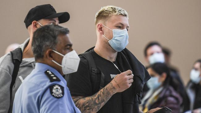 Collingwood’s AFL players Jordan De Goey arrives from Melbourne. Picture: Iain Gillespie/The West Australian.