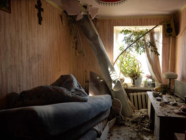 The body of a rocket in a flat on the northern outskirts of Kharkiv. Picture: AFP