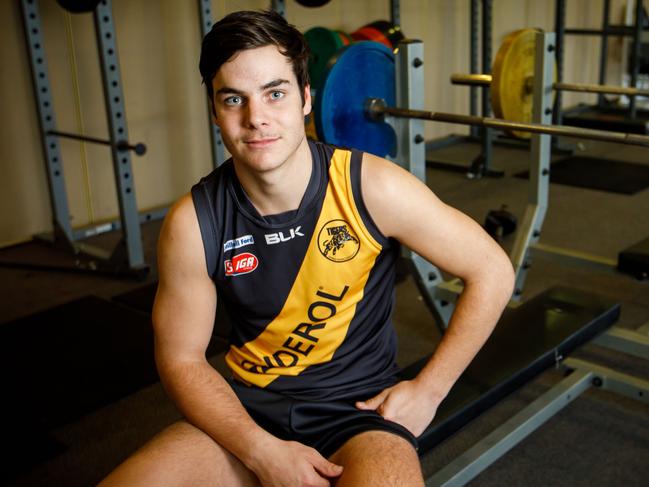 Top draft prospect Darcy Fogarty is photographed in Glenelg, South Australia, Tuesday, August 15th, 2017 (AAP Image/James Elsby). He is recovering from knee surgery.